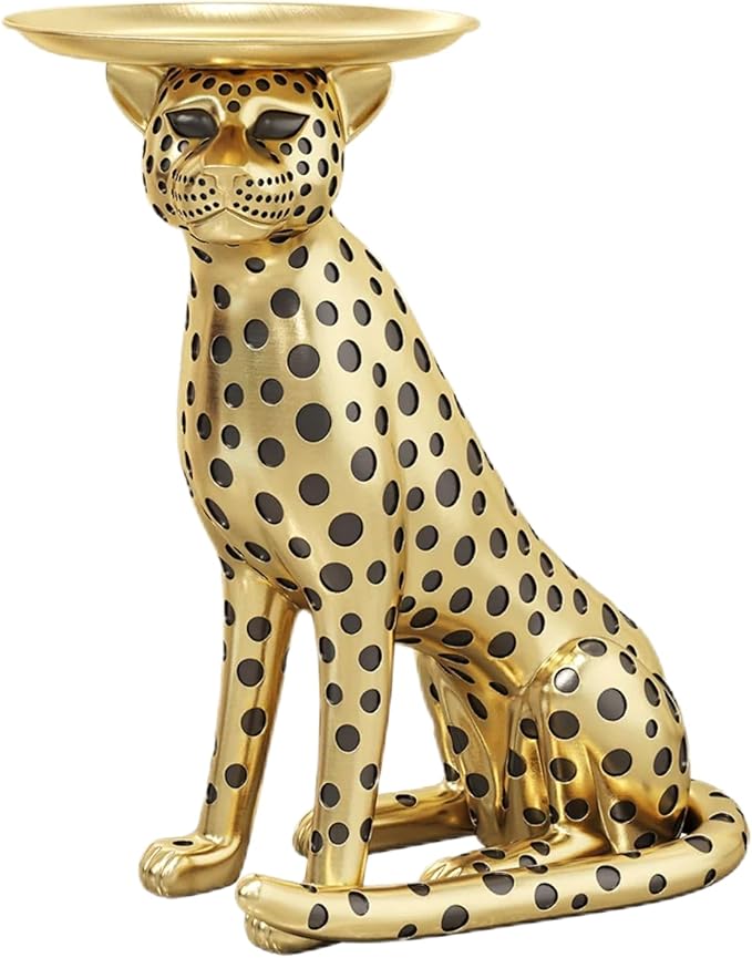 LOVEDIMA 24.2" Resin Panther Statue Luxury Gold Leopard Floor Figurine Accent Side Statue with Tray Top for Small Space Living Room Bedroom