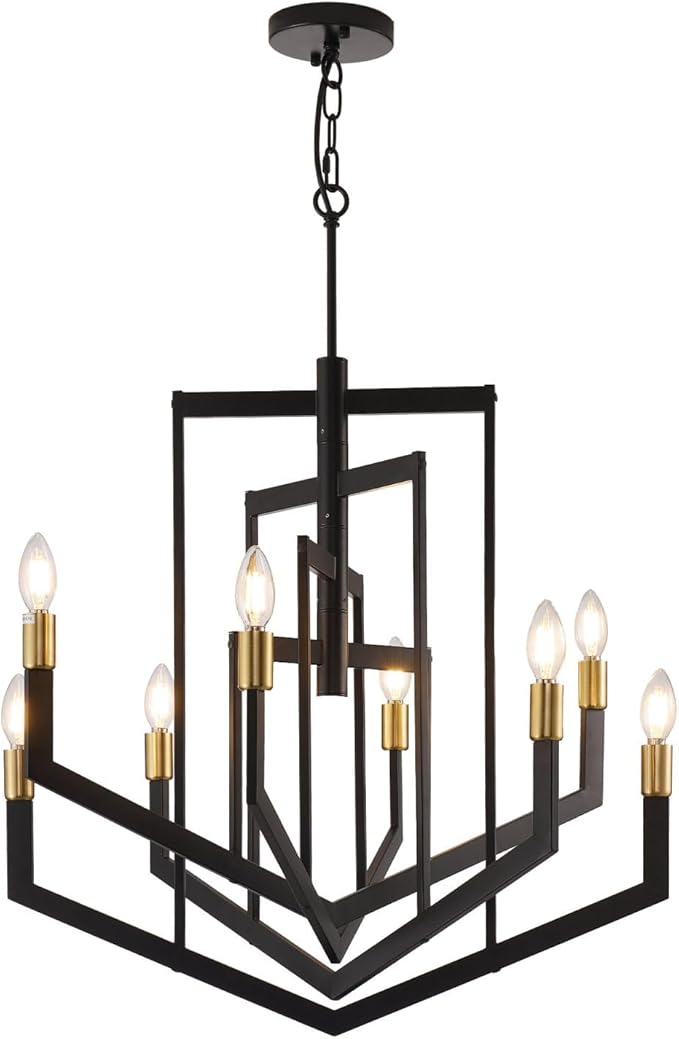 Black and Gold Chandelier,8-Light Modern Geometric Pendant Light Fixtures,Rustic Industrial Foyer Lighting Fixtures, Large Foyer Chandeliers for High Ceilings, Farmhouse Chandelier for Entryway