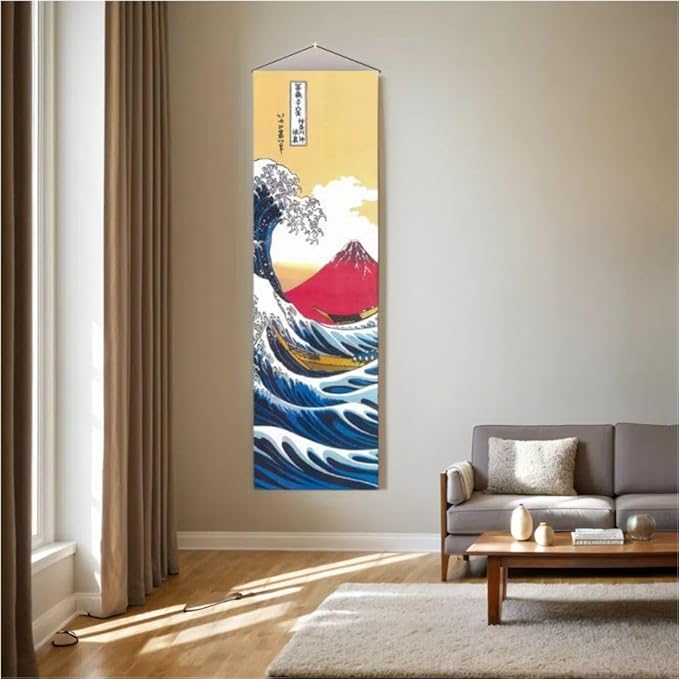 Japanese Scroll Oriental Wall Art Decor, Long Vertical Tapestry, Ukiyo-e The Great Wave Off Kanagawa by Hokusai - W15.7" x H47.2" - for Living Room,Bedroom,or Office Sushi bar Asian Restaurant CTT-18