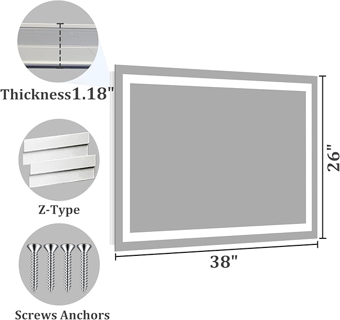 Koonmi 38"x26" LED Mirror for Bathroom, 90CRI Anti-Fog Vanity Mirror with Front and Backlight, Shatter-Proof Wall Mirror with Light, Easy Install Lighted Mirror for Modern Bathroom (IP65)
