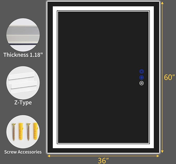 60"x36" LED Bathroom Mirror with Anti-Fog, Stepless Dimmable Lights, 3 Color Modes, Shatter-Proof Tempered Glass, Memory Function & Waterproof Design