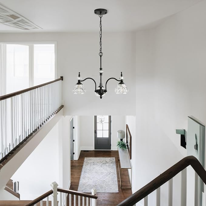 Black Chandelier, 3-Light Crystal Chandeliers for Dining Room, Farmhouse Dining Room Light Fixture, Dining Room Light Fixtures Over Table, Modern Hanging Pendant Lights for Bedroom, Kitchen Island