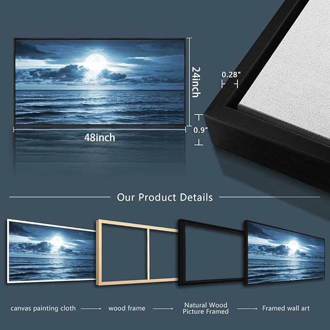 Black Framed Wall Art For Living Room Decorations Photo Prints - Blue Sea View The Moon Landscape - Modern Home Decor The Room Stretched And Framed Ready To Hang Artwork (Blue Ocean&Moon, 24x 48inch)