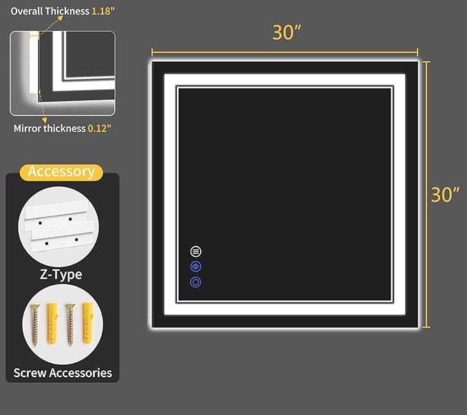 30"x30" LED Bathroom Mirror with Lights, Anti-Fog, Backlit + Front Lit, Dimmable, Led Vanity Mirror for Wall, Lighted Bathroom Mirror,3 Colors, Shatter-Proof Tempered Glass