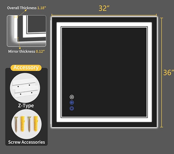 32"x36" LED Bathroom Mirror with Lights, Anti-Fog, Backlit + Front Lit, Dimmable, Led Vanity Mirror for Wall, Lighted Bathroom Mirror, 3 Colors, Shatter-Proof Tempered Glass