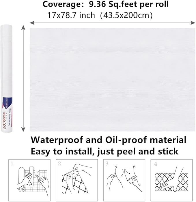 Arthome Peel and Stick Wallpaper - White Wood Contact Paper - White Wallpaper - Self-Adhesive, Removable and Waterproof for Cabinet, Countertop (17"x78.7")