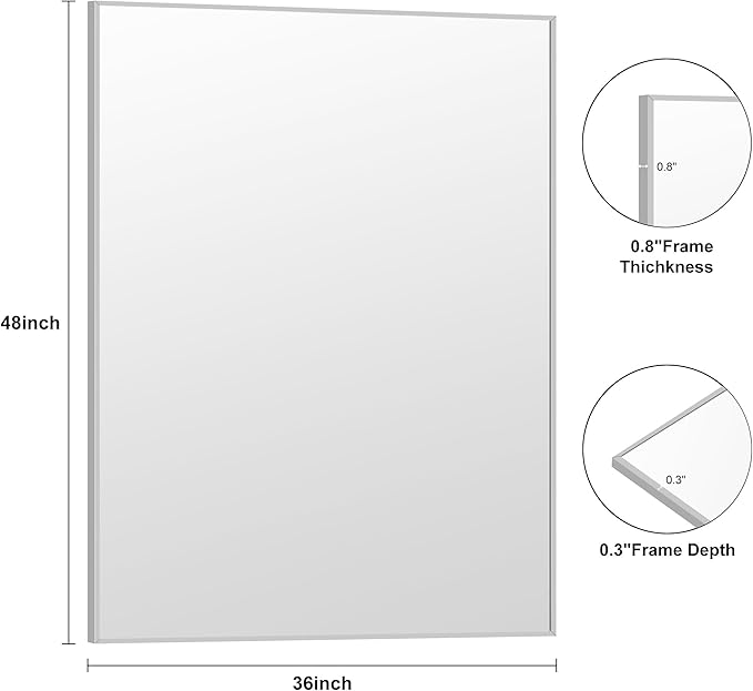 KOCUUY Silver Bathroom Mirror, 48"x36" Large Rectangle Bathroom Mirror for Wall, HD Tempered Glass, Anti-Rust Brushed Silver Frame, Modern Design for Bathroom, Bedroom, Hang Horizontal/Vertical