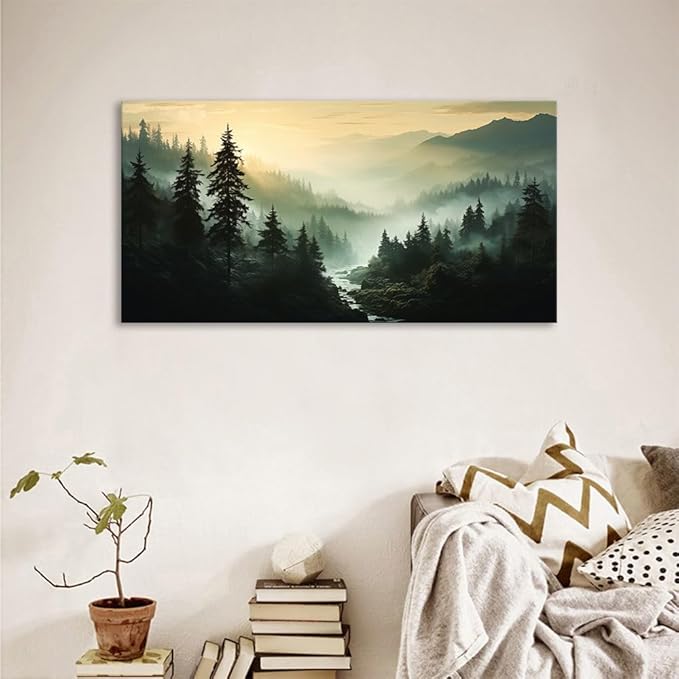 BYXART Misty Forest Canvas Wall Art Foggy Mountain Landscape Nature Picture Decor for Bathroom Living Room Pine Trees Smoky Scenery Painting Artwork for Bedroom Home Office Decorations 48L x24W