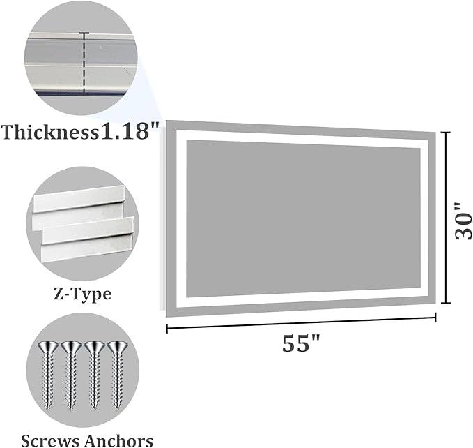 Koonmi 55"x30" LED Mirror for Bathroom, 90CRI Anti-Fog Vanity Mirror with Front and Backlight, Shatter-Proof Wall Mirror with Light, Easy Install Lighted Mirror for Modern Bathroom (IP65)