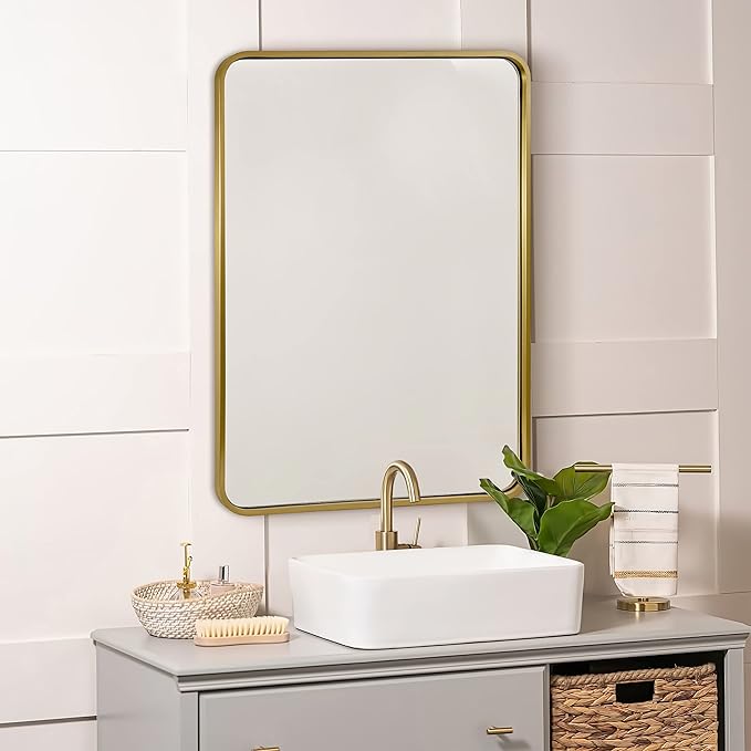 ANDY STAR Brass Mirror Bathroom, 22x30’’ Rounded Rectangle Mirror, Brushed Gold Bathroom Vanity Mirror Non-Rusting SUS304 Metal Tube Frame 1’’ Deep Wall-Mounted Mirrors Vertical/Horizontal