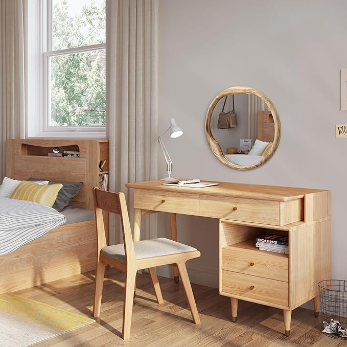 AOAOPQ Beige Wood Framed Mirror for Wall 20x20 Inch Rounded Mirror Bathroom Vanity Mirror Farmhouse HD Glass Hangs Mirrors