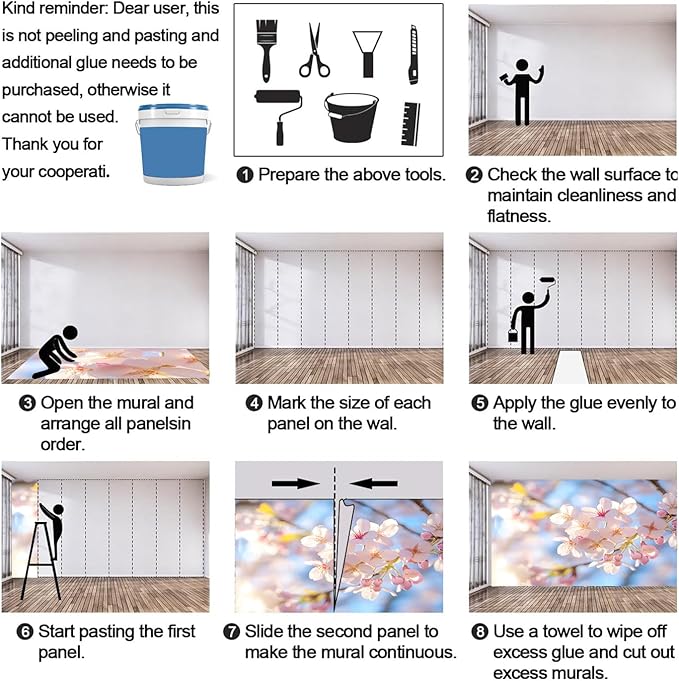 Japanese Mural Wallpaper, Cherry Blossoms Murals, Japanese Flowers Murals, Large Wallpaper for Living Room Bedroom Kids Room Home Decor Mural (Not Peel Stick)