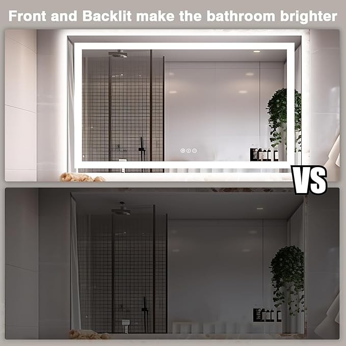 60"x40" LED Mirror for Bathroom, Front and Backlit, Anti-Fog Vanity Mirror with Lights, Stepless Dimmable Lit, 3 Colors Smart Mirror (Horizontal/Vertical)