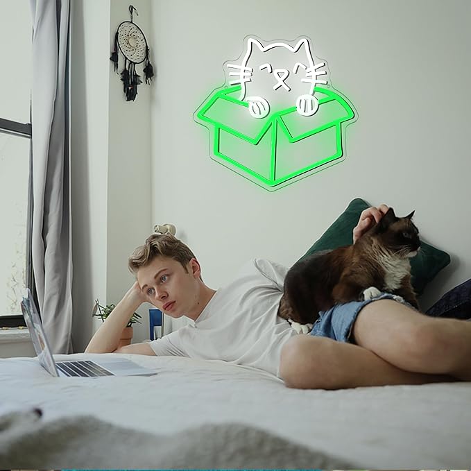 Cat Neon Sign with Usb Power Dimmable Green White Cat Box Led Light Sweet Kitten Led Sign for Bedroom Cafe Pet Shop Nursery Wall Decor(12.6 * 12.6 in)