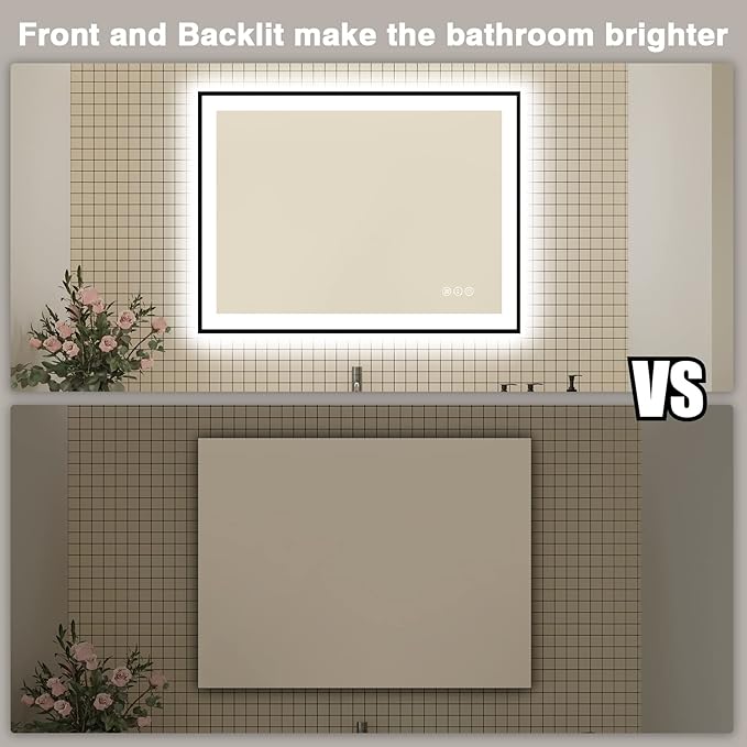 48x36 LED Bathroom Mirrors for Wall - Black Aluminum Framed(Front and Backlit),Anti-Fog Vanity Mirror with Lights,Stepless Dimmable Lighted Mirror,3 Colors Smart Mirror(Horizontal/Vertical)