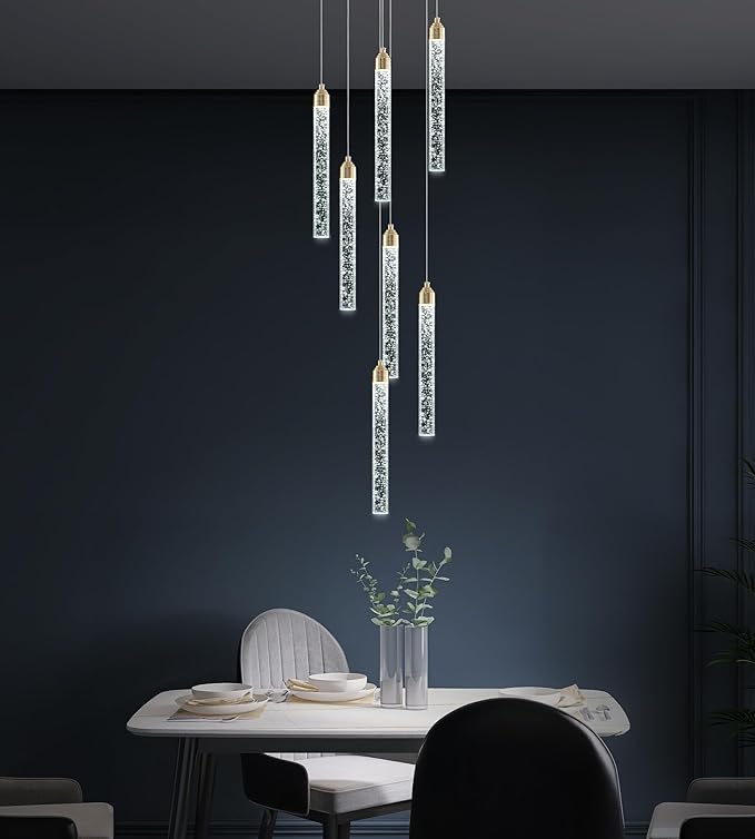 7-Light High Ceiling Crystal Staircase Chandelier Gold, Modern Spiral Raindrop Dimmable LED Bubble Cluster Ceiling Hanging Lighting Fixture for Foyer Living Room Entrance Remote Control