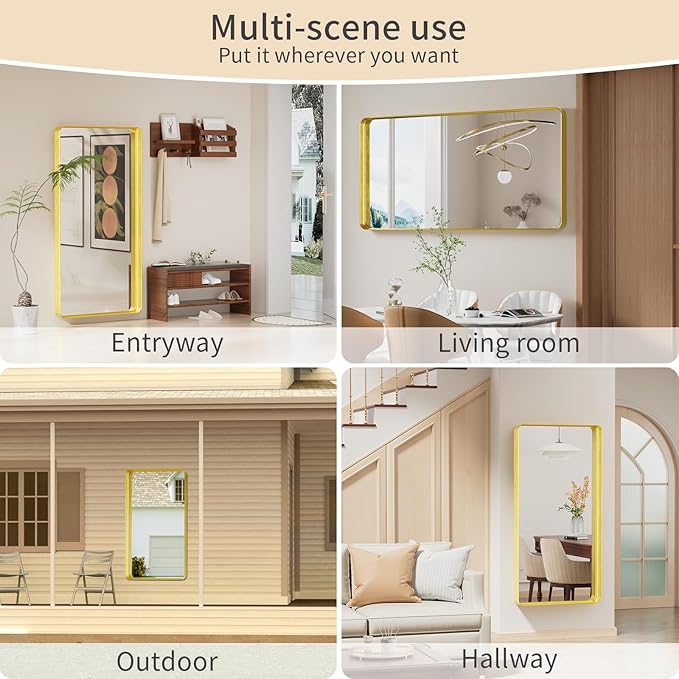 Koonmi Gold Bathroom Mirror for Wall, 30x60 Inch Matte Metal Deep Framed Rounded Corner Wall Mirror, Shatterproof Tempered Glass for Farmhouse Bedroom Entryway, Vertically or Horizontally