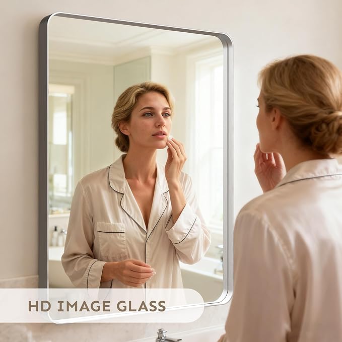 36x36"Bathroom Vanity Mirror for Wall, Aluminum Framed, Farmhouse Rectangle, Anti-Rust, HD Reflection Anti-Desilvering, Distortion Free, Tempered and Shatter-Proof Wall Mounted Mirror, Silver