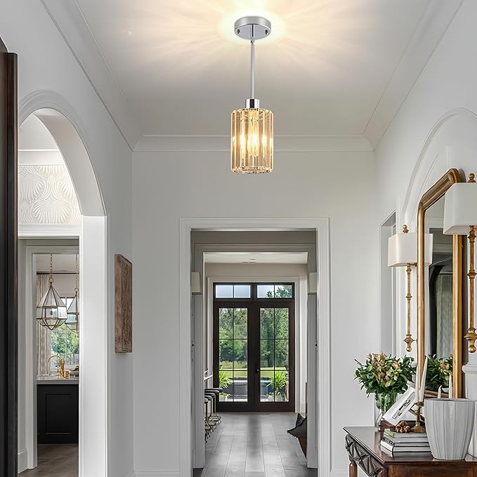 Modern Mini Crystal Pendant Lights Chandeliers Adjustable Sloped LED Hanging Ceiling Fixture Glass small Crystals for Kitchen Island Bathroom Living Room, Dining Room, Hallway, Bar 1PC (Chrome)