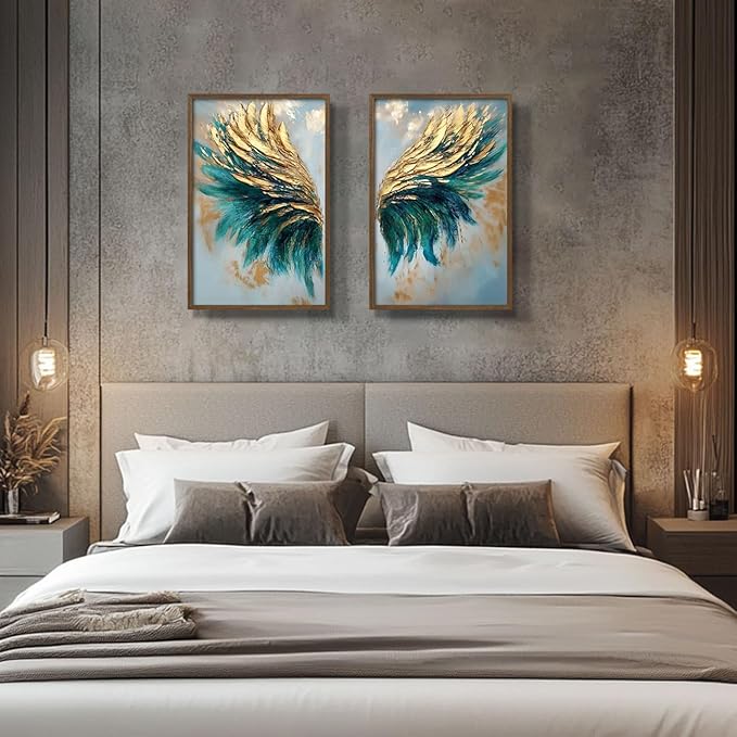 2pcs Wood Framed Green Abstract Canvas Wall Art - Abstract Angel Wings Artwork - Modern Gold Blue Wings Prints Posters - Living Room Bedroom Decorative Paintings Gallery Style Wall Hanging Pictures