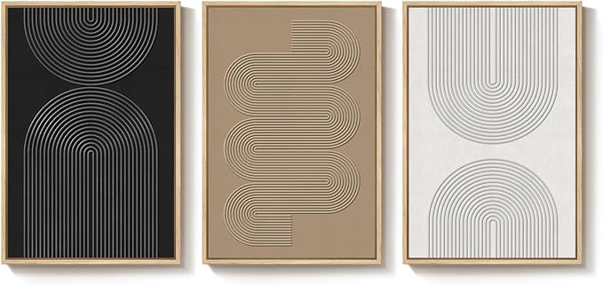 Large 3D Textured Framed Boho Neutral Abstract Wall Art, Set of 3 Modern Paintings Artwork for Walls, Black White Brown Minimalist Geometric Pictures for Living Room, Entryway, Dining Room Wall Decor
