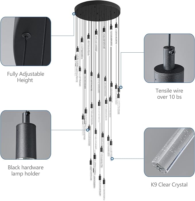 36-Light Modern Living Room Chandelier Black Crystal Ceiling Pendant Lights LED Dimmable 216W 6000K Staircase Large Chandeliers for Entryway Lobby Foyer High Ceiling Chandeliers
