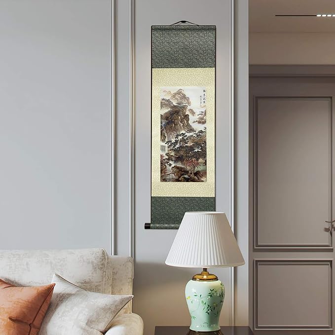 AtfArt Asian Wall Decor - Beautiful Silk Scroll Painting of Waterfall River Landscape - Songting Qingfeng Oriental Decor Chinese Art Wall Scroll (36.2 x 12 in)