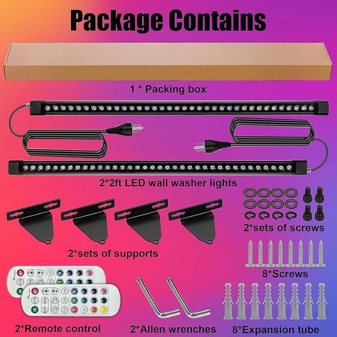 RGB Outdoor Wall Washer Light, 4FT 72W Dimmable LED Wall Washer Light, 120V IP67 Waterproof Led Light Bar for Outdoor, with Remote, Plug-in (2 Pack)