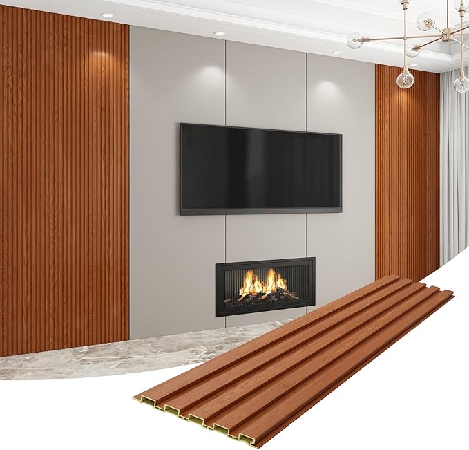 8-Pack WPC Wall Panels 118’’ x 6.3’’ 3D Slat Wall Panel Acoustic Wall Paneling for Interior Wall Decor TV Background Kitchen Bedroom Teak