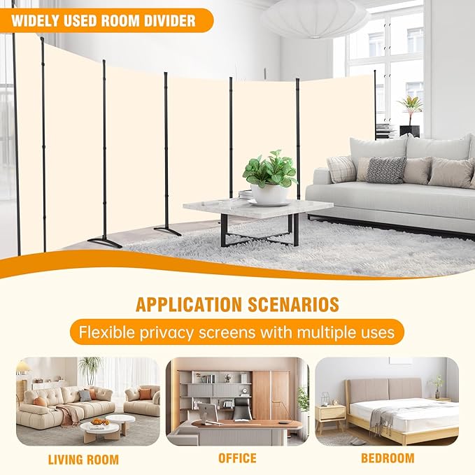 6 Panel Folding Privacy Screens, 6 FT Tall Wall Divider with Metal Frame, Freestanding Room Divider for Office Bedroom Study (6 Panel, Beige)