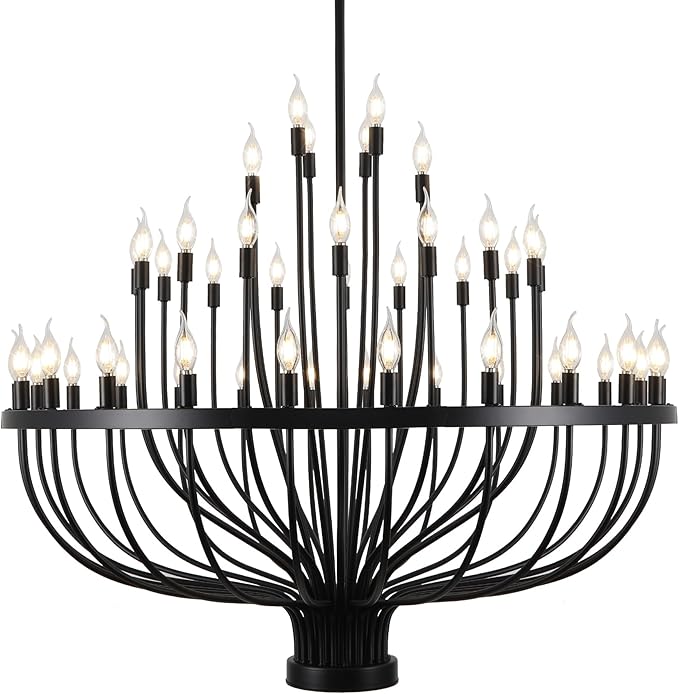 Large Black Chandelier 48 Light for High Ceilings, Big Farmhouse Wagon Wheel Chandelier for Dining Room 3-Tier 47.2 in for Hallway, Living Room, Foyer