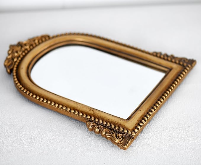 OIGUMR Smaller Vintage Gold Ornate Baroque Mirror Vanity Desk Table Mirror Arched Makeup Mirror with Resin Frame 9.6X6.5 inch