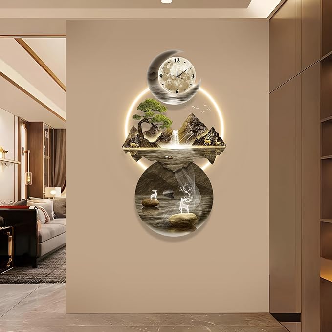 LED Light Art Wall Decor, 3D Art Wall Decor Clock, Decor Wall Sculptures with Lights, Modern Home Decor Landscape Wall Sculpture, Plug-in Power Supply, Gold B, 19x39IN