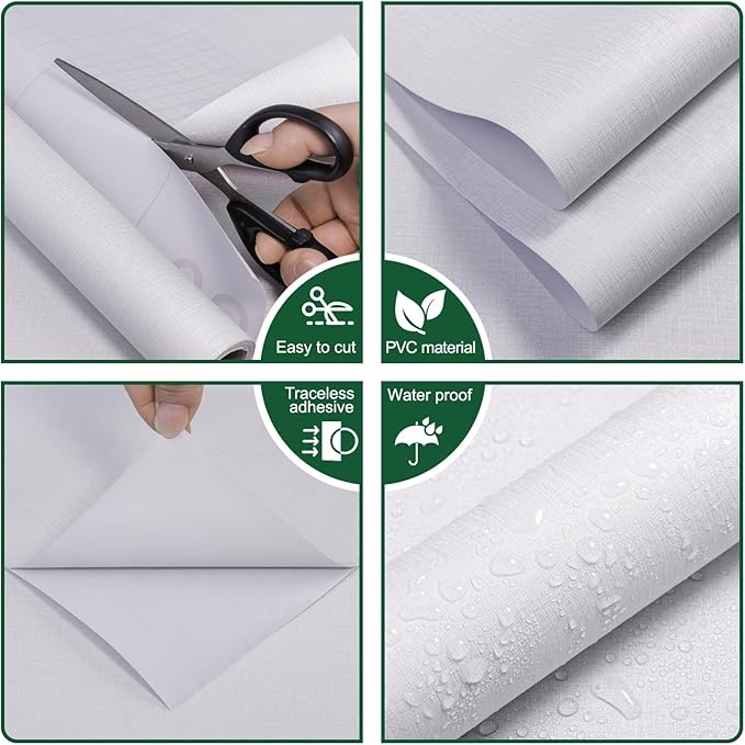 CAX Grasscloth Peel and Stick Wallpaper White Contact Paper 15.7"x 1181" White Grasscloth Wallpaper Self-Adhesive Removable Wall Paper Waterproof Linen Wall Papers for Living Room Bed Room Cabinets