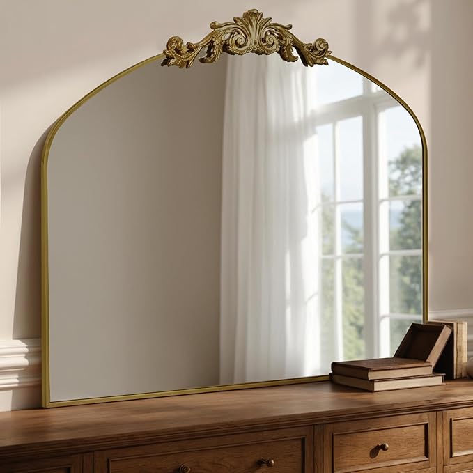 MISSDAY Vintage Retro Bronze Baroque Mirror for Wall, 36"X30" Arched Antique Wall Mirror with Elegant Carving Top, Full Metal Frame Wall-Mounted Mirror for Bathroom, Living Room, Fireplace, Entryway