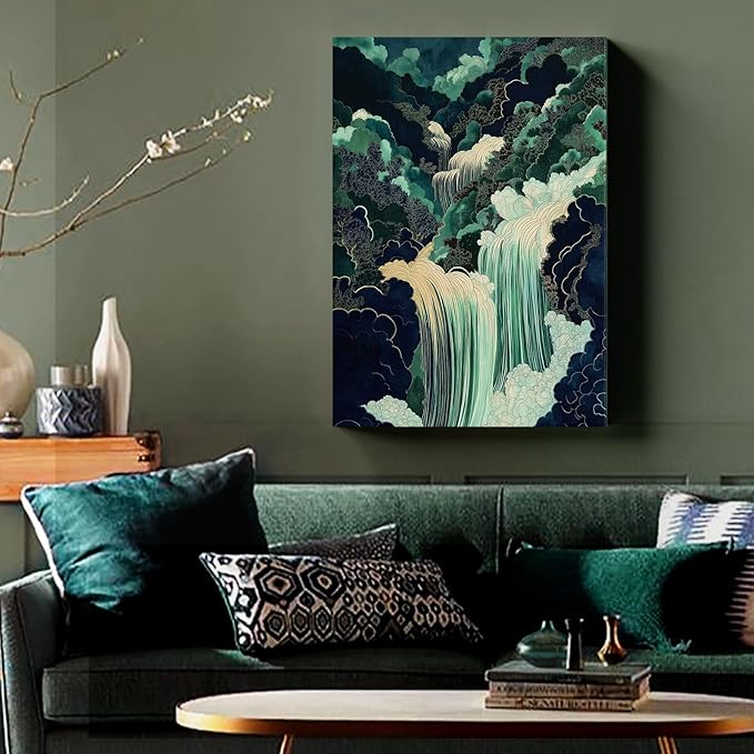 Mountain River Wall Art Japanese Waterfall Painting Abstract Forest Art Poster Blue And Green Abstract Canvas Japanese Style Print Blue And Green Landscape Wall Art Waterfall Artwork 16x24in Framed