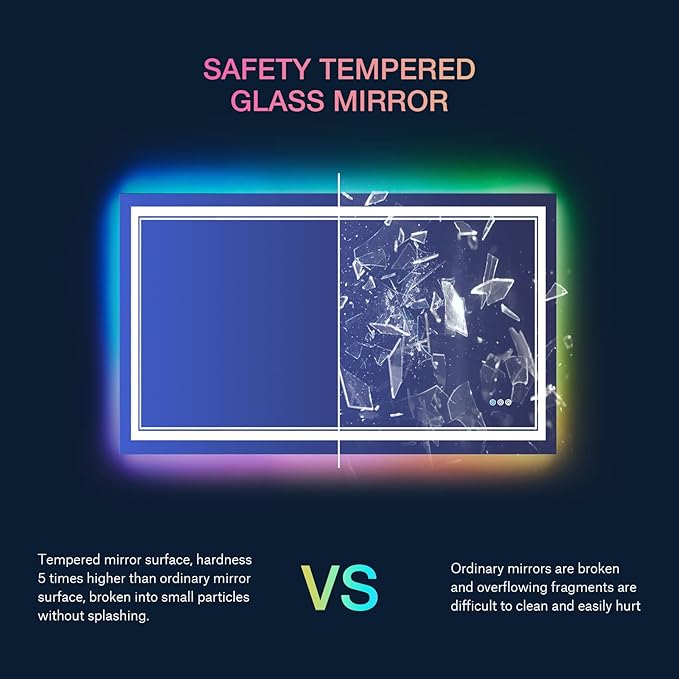 48x32 inch LED Lighted Bathroom Mirror,RGB Color Changing LED Mirror for Bathroom,Dimmable Anti-Fog Backlit Vanity Mirror (RGB Multicolor Backlit + Adjustable Front-Lighted)