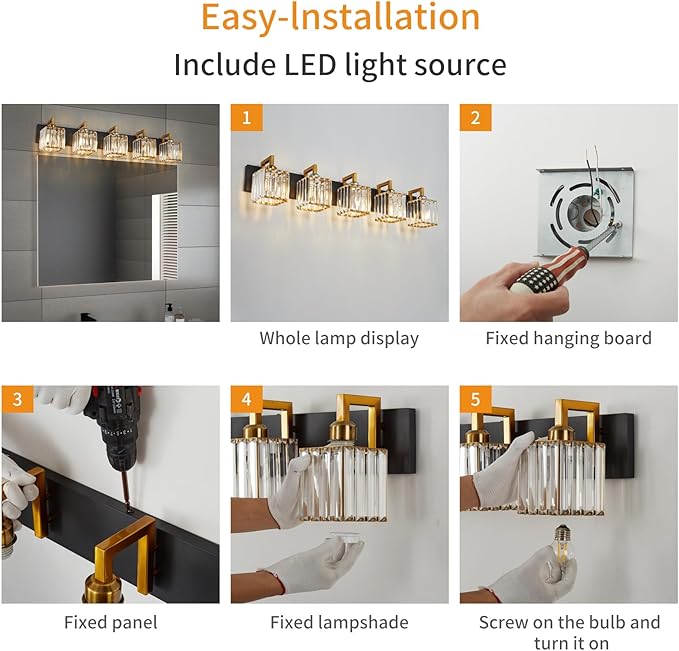 Modern Bathroom Vanity Light 5-Lights Black Gold Crystal Wall Lamp Bathroom Modern Crystal Vanity Lighting