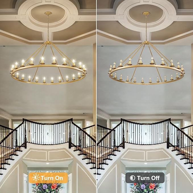 53in Gold Wagon Wheel Chandelier, 24-Light Brass Modern Rustic Large Farmhouse Chandelier Adjustable Height Light for High Ceiling Living Room, Entryways, Foyer, Dining Room