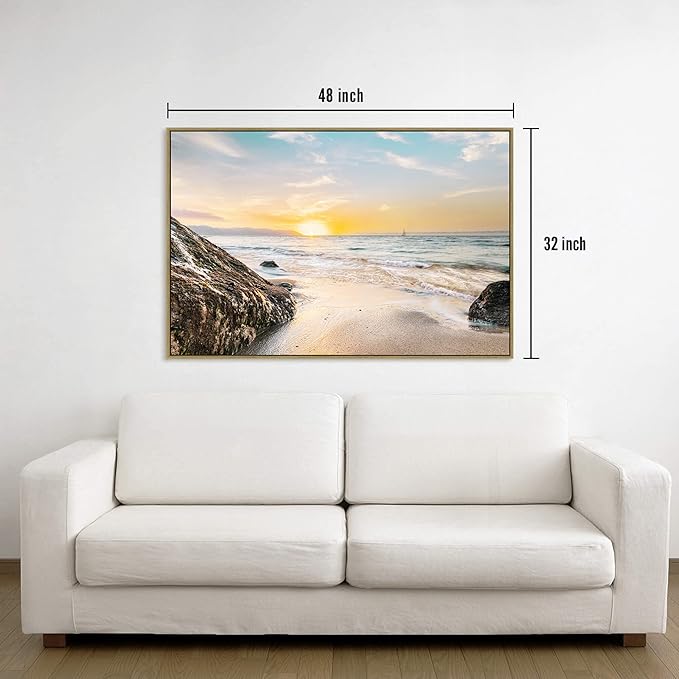 Canvas Wall Art Beach Picture: Large Coastal Sunset Scene Framed Artwork Sea Ocean Seascape Painting Seaside Rocky Seashore for Home Living Room Office Decor 48 x 32 Inch