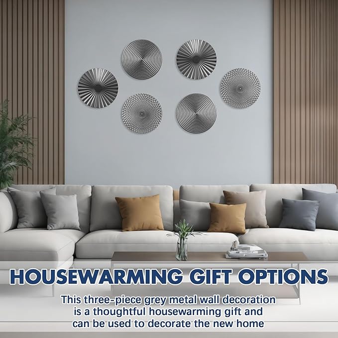 Otoolling 3 Pcs 12 Inch Grey Metal Wall Art Decor, Gray Wall Decor for Living Room, Modern Accent Hanging Decorations Art Sculptures Housewarming Gifts for New Home Bedroom Office Apartment
