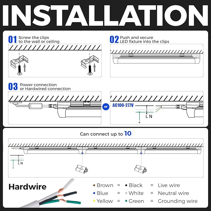 Barrina 5000K 1.5FT LED Shop Light, 3450LM, 25W, T8 Under Cabinet Lighting, Workbench, Workshop, Room, Kitchen, Tube Light, Linkable Ceiling Lights Fixture with Built-in ON/Off Switch, ETL, 2 Packs