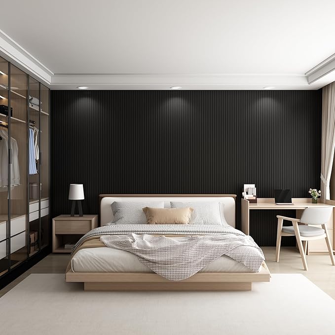 8-Pack WPC Wall Panels 108’’ x 6.3’’ 3D Slat Wall Panel Acoustic Wall Paneling for Interior Wall Decor TV Background Kitchen Bedroom Black