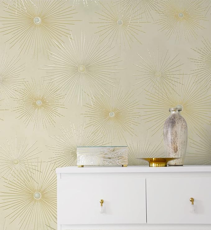 NextWall Star Burst Geo Mid Century Peel and Stick Wallpaper (Ivory & Metallic Gold)