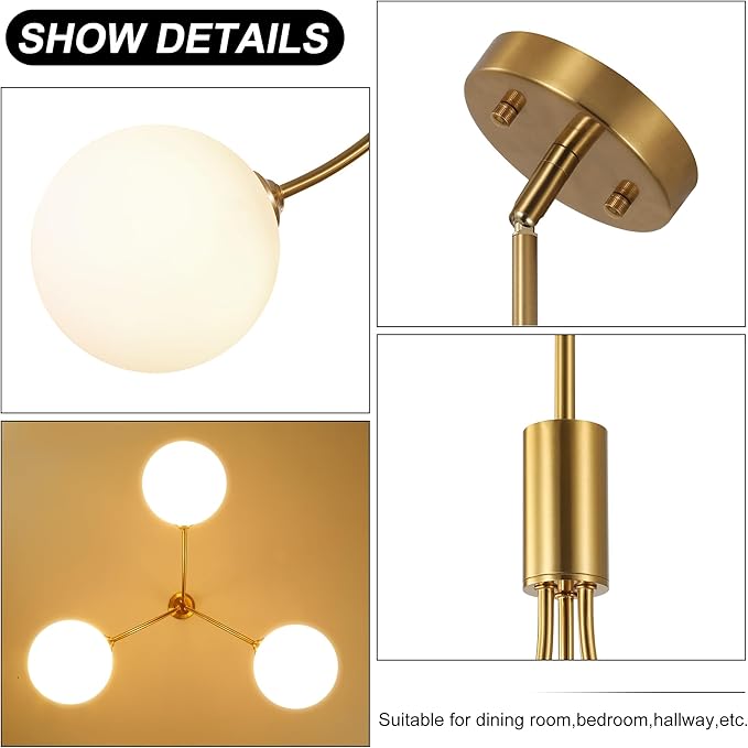 3-Light Modern Farmhouse Gold Chandeliers for Dining Room, Mid Century Pendant Lights Kitchen Island, Globe Sputnik Chandelier for Entryway Living Room Bedroom Office Bathroom