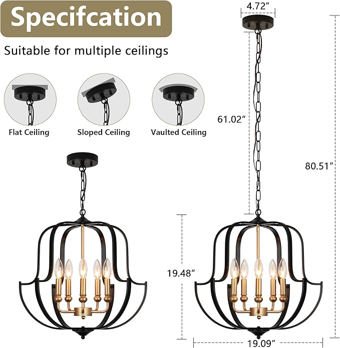 19" Black and Gold Chandelier for Dining Room, 5-Light Rustic Farmhouse Chandeliers Modern Industrial Hanging Pendant Light for Kitchen Entryway Hallway Foyer Living Room
