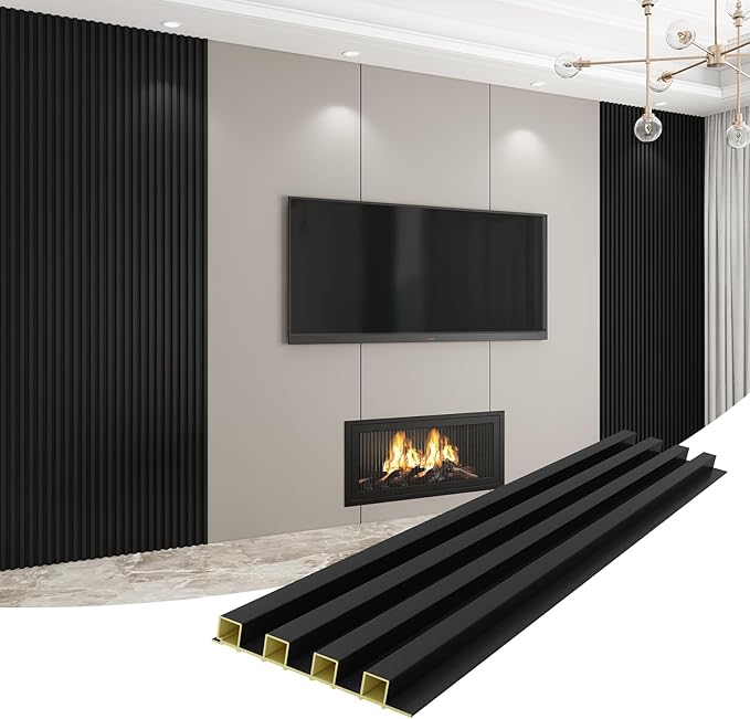 8-Pack WPC Wall Panels 118’’ x 6.1’’ 3D Slat Wall Panel Acoustic Wall Paneling for Interior Wall Decor TV Background Kitchen Bedroom Black