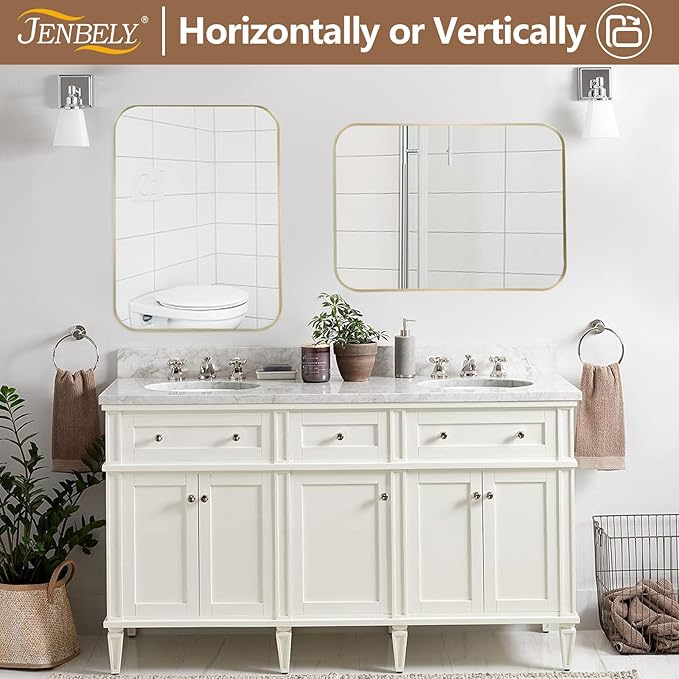 22x30 Inch Brushed Nickel Bathroom Mirror, Framed Rectangle Mirror with Rounded Corner, Brushed Mirror, Silver Bathroom Mirror for Over Sink, Vanity, Living Room, Bedroom, Horizontal/Vertical