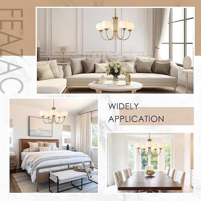 Modern Globe Chandelier 5 Light Mid Century White Milk Glass Vintage Sputnik Hanging Chandeliers Gold Pendant Light Fixtures for Dining Room Kitchen Living Room Bedroom