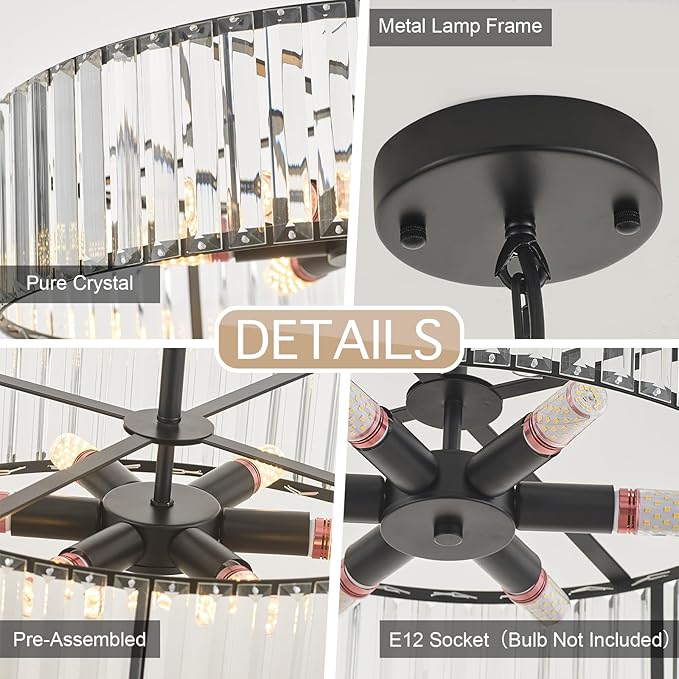 Modern Crystal Black Chandelier for Dining Room,19.7 inch Semi Flush Mount Ceiling Dining Room Light Fixture with E12 Base*6,Round Pendant Lighting for Bedroom Hallway Bathroom Foyer Kitchen